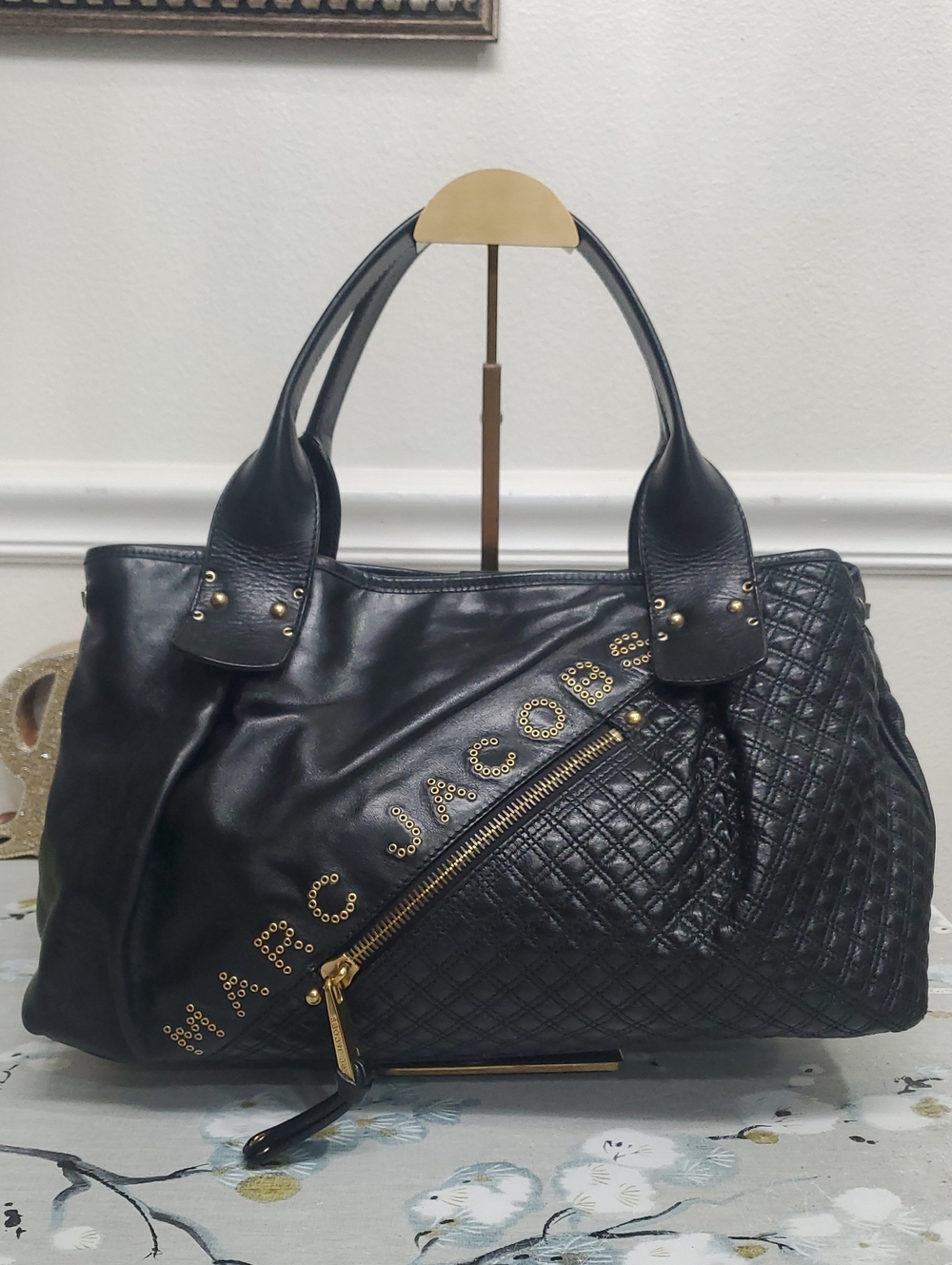 Marc Jacobs Black Quilted Leather Tote with Gold Stud Logo
